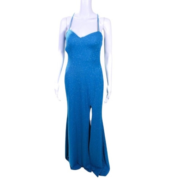 NWT Jovani Marisa Formal Maxi Dress Size 2 Blue Glitter Cutout Gown - Picture 2 of 8